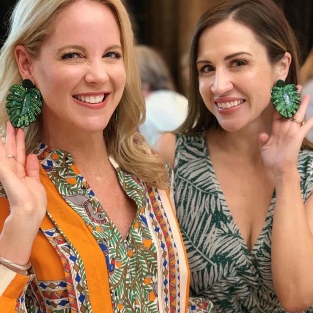 New Big Green Palm Leaf Beaded Handmade Earrings - Picture 6 of 6